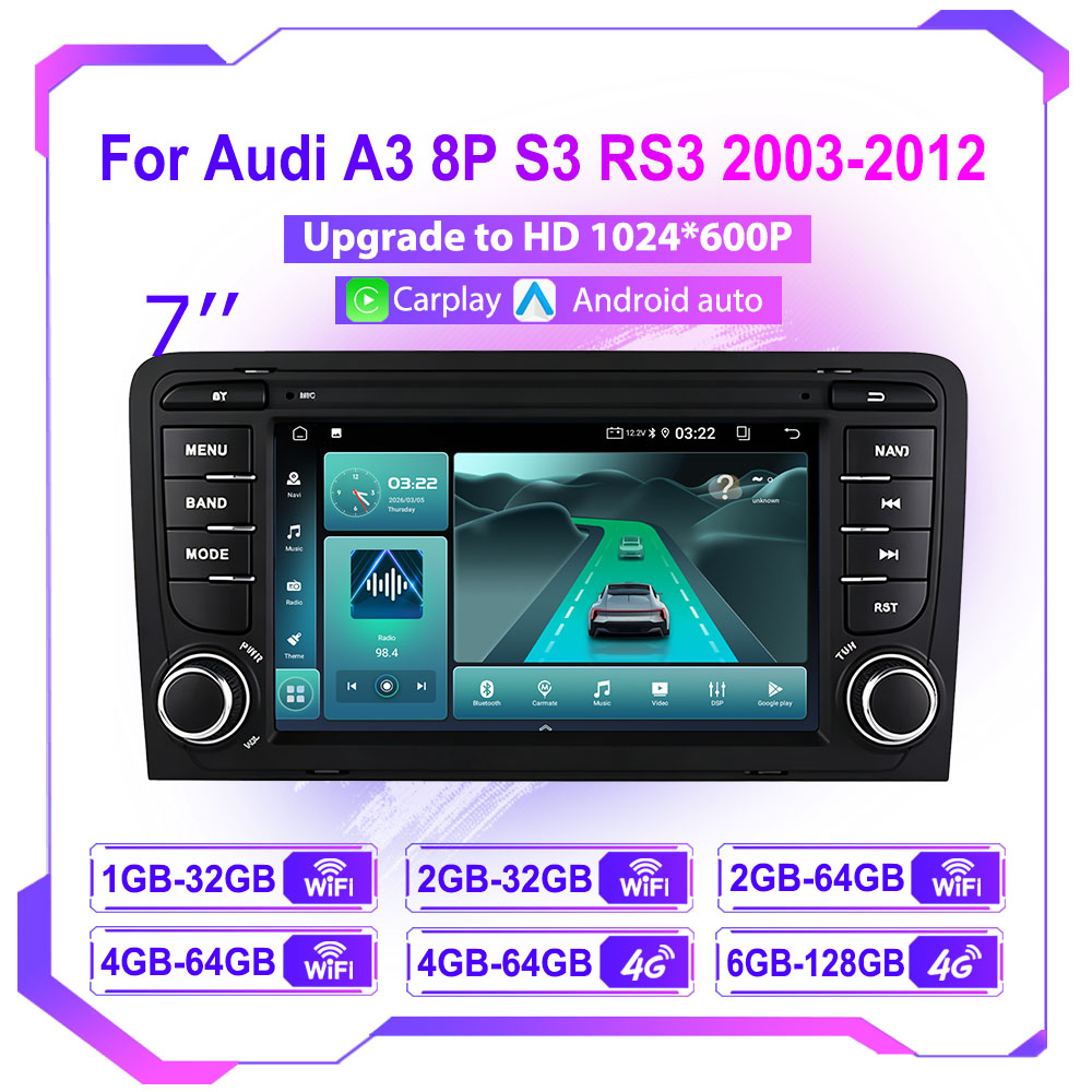 Android Head Unit 6Gb 128Gb - راديو سيارة 7 بوصة لأودي A3